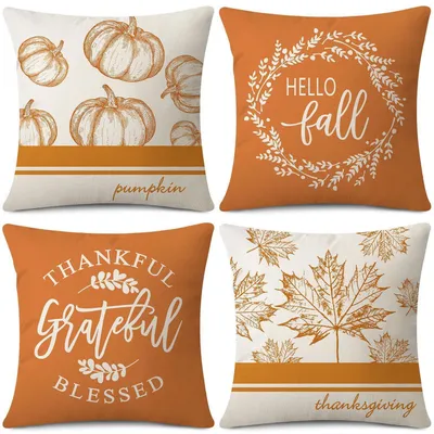 Immagine prodotto di Cuscini decorativi, set di 4, autunno, 45x45 cm, motivo zucca e foglie d'acero, in poliestere