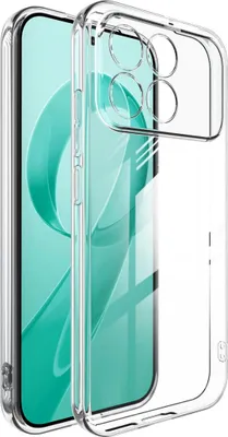 A clear protective phone case is shown from a diagonal angle, with a phone inside.