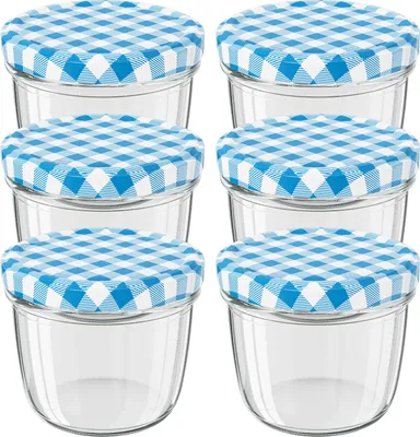 Produktbild von WELLGRO Einmachgläser mit Schraubdeckel - 230 ml, 8,5 x 6,5 cm (ØxH), Glas / Metall, blau karierte Deckel To 82, Gläser  Germany, verschiedene Mengen wählbar, Stückzahl:6 Stück