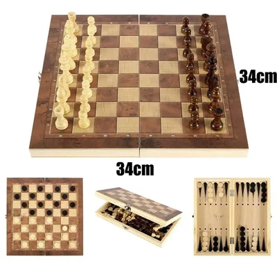 Produktbild von 3in1 Schachspiel Holz klappbar 34x34cm Burgunderrot