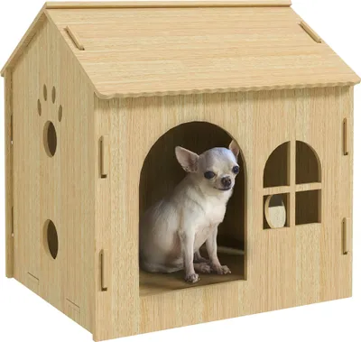 Produktbild von PawHut Hundehütte mit Fenster, Katzenhaus mit niedliches Pfoten-Design, Montage ohne Schrauben, für kleine Hunde unter 4 kg, Indoor, 49,5 x 41 x 51 cm, Eiche