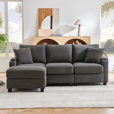 Produktbild von okwish 3-Sitzer Sofa in L-Form mit Hocker L-förmiges Sofa mit USB-Ladegerät und Getränkehalter,Ecksofa mit Stauraum in Armlehnen und 2 Kissen,Grau