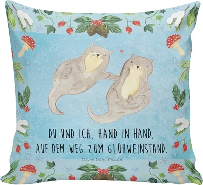 Produktbild von Mr. & Mrs. Panda Deko Kissen Otter Glühweinstand - Eisblau - Geschenk, Dekokissen Sofa, Kuschel, Weihnachten, Sofakissen, kuschelkissen 40x40, bedruckt, Zierkissen