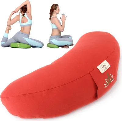 A collage showing two women practicing yoga poses on green cushions, and a large red half-moon shaped yoga bolster in the foreground.