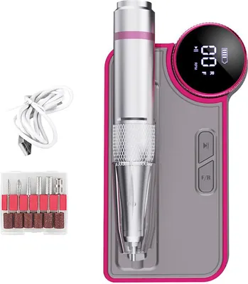 A nail drill set with accessories and a charging cable, displayed against a white background.