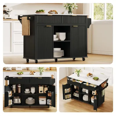 Image de Îlot de cuisine mobile, 120x45 cm, avec plan de travail rabattable, chariot de cuisine avec 2 tiroirs, 2 portes, étagère à épices et porte-serviettes, finition noire et naturelle