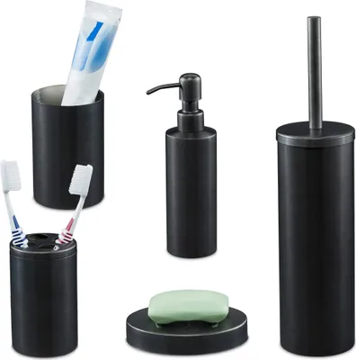 Immagine prodotto di Set da bagno Relaxdays, 5 pezzi, accessori da bagno in acciaio inossidabile spazzolato, set completo per il bagno, moderno, antracite
