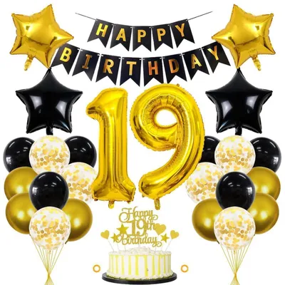 Zdjęcie produktu dla Zestaw dekoracji urodzinowych "19 lat", czarno-złoty, 32 elementy: balony, baner, dekoracje do tortu