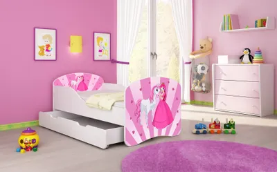 A child's bedroom with a pink theme, featuring a white bed with princess-themed decorations, a dresser, toys, and a rug.
