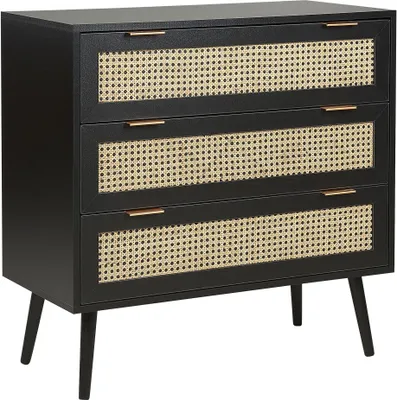 Produktbild von Beliani, moderne Kommode, Rattan, Wiener Geflecht, 3 Schubladen, Schwarz/Beige, 80x40x80 cm, Gummibaumholz, golden, leises Schließsystem, Wohnzimmer Schlafzimmer Flur.