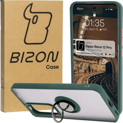 Produktbild von Bizon Case Hybrid Ring Fingerring Hülle für Oppo Reno 12 Pro, Rauch mit dunkelgrünem Rahmen