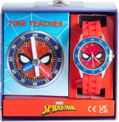 A Spiderman themed watch and time teacher set in its retail packaging.