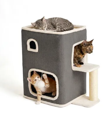 Image de Relaxdays, maison pour chat à 2 étages, avec cachette, jouet à balle et griffoir, dimensions (H x L x P) : 58 x 57,5 x 35 cm, abri pour animal de compagnie pour intérieur, tissu, gris