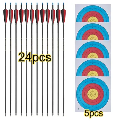 Produktbild von Bogenschießen Carbonpfeile - 24er Set Jagdpfeile - 80 cm Schaft 100 Grain Stahlspitze - Für Recurve und Compoundbogen - Mit Zielscheibenpapier - Set A
