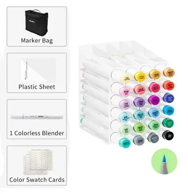 Imagen del producto de Juego de rotuladores, diseño de doble punta, tinta recargable, pincel y cincel, 24 colores
