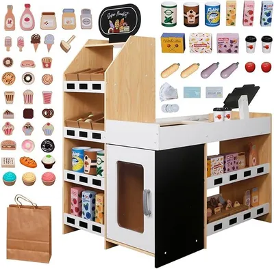 Imagen del producto de Supermercado infantil, que incluye una amplia variedad de accesorios: una tienda grande con caja registradora, cajón, estanterías, alimentos, comida rápida de madera, frutas, verduras, dulces, dinero de juguete, tarjeta de crédito y tarjeta de cliente (blanca)