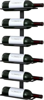 A black metal wine rack mounted on a white background, holding six bottles of wine.