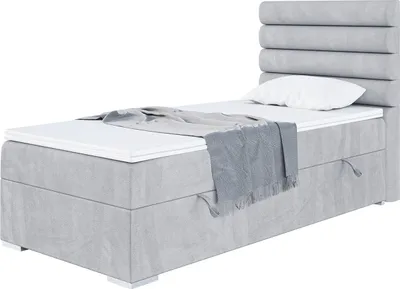 Produktbild von MEBLINI Boxspringbett mit Bettkasten - Gepolstert Einzelbett mit Matratze und Topper - Polsterbett mit Stauraum - Bett mit Kopfteil - Stauraumbett - KARIM - 90x200 Rechts  - H4/Hellgrau Samt
