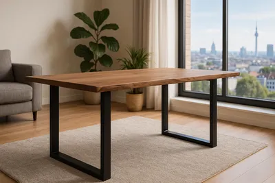 Produktbild von Esstisch Baumkante massiv Akazie stonefarben 240 x 100 cm schwarz LAURINA