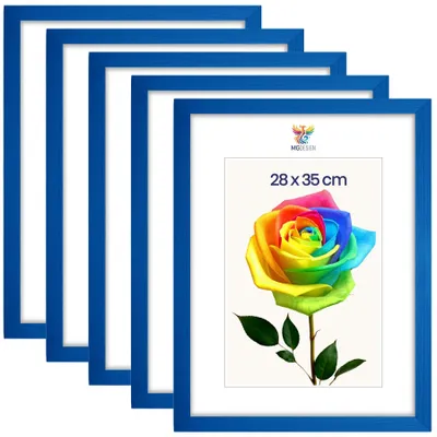 Obrázek produktu pro MG Design, sada 5 kusů rámečků na fotografie, rozměr 28 x 35 cm – fotorámečky s modrým rámem z masivního dřeva a odolným akrylovým sklem, vhodné k zavěšení i k postavení
