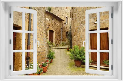 Produktbild von Wallario Wandbild mit Fenster-Illusion: Weg durch die Altstadt - Toskana in Italien, Größe: 61 x 91,5 cm, Poster mit weißem Aluminiumrahmen