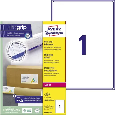 Produktbild von Avery Zweckform L7167-100 Versand-Etiketten, A4 mit ultragrip, 199,6 x 289,1 mm, 100 Bogen/100 Etiketten, weiß