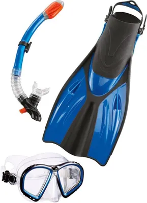 Productafbeelding van Duik en snorkelset - Snorkeluitrusting - Watersport - Professionele complete set - Maat L/XL - Blauw metallic