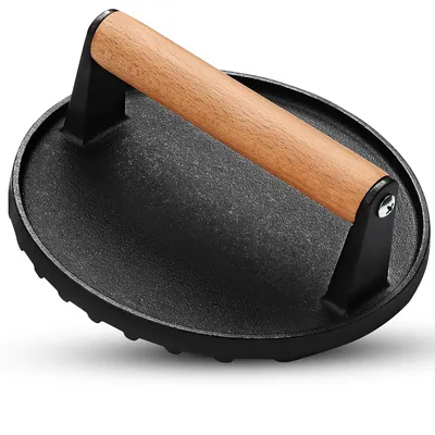 Produktbild von Hi Nature™ Burgerpresse Gusseisen 17,6 cm – Großer Burger Smasher & Fleischbeschwerer mit Hitzeabweisendem Holzgriff – Patty Presse