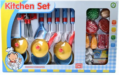 Produktbild von Küchenzubehör Spielgeschirr Set für Kinder mit Lebensmitteln Töpfe Pfannen Bunt