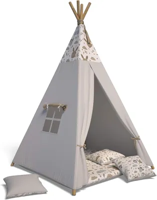 Produktbild von Tipi Zelt für Kinder|Spielzelt Kinder Indoor|Spielzelt mit Weiche Kissen | Langlebig zelt|Kinderfreundlich Tippizelt Indoor (Grau Tierchen)