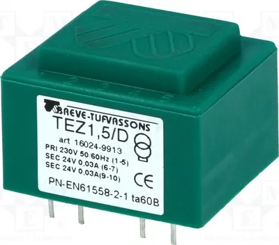 Immagine prodotto di 1 trasformatore: rivestito, 1,5 VA, 24V/24V, 31,2 mA, 230 VAC, 31,2 mA, modello TEZ1.5/D230/24-24V