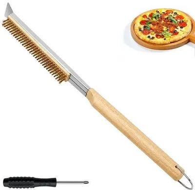 Obrázek produktu pro Pizza kartáč na peci, kartáček na peci 53 cm, příslušenství na pizzu, 2 v-1 čisticí nástroj s dlouhou dřevěnou rukojetí a nerezová šrotnice, pro čištění pecí na pizzu, grilování a
