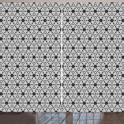 Produktbild von ARANDE Grau und Weiß Gardine, Boho Style kaleidoskopische Blumenmotive mit östlichen Kunst Inspiration, 280 x 225 cm, Charcoal Grau und Weiß