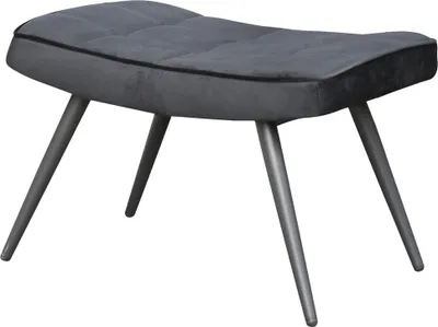A gray velvet stool with black metal legs on a white background.