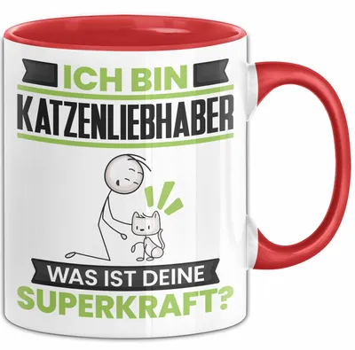 Produktbild von Katzenliebhaber Tasse Geschenk für Katzenliebhaber Geburtstag Lustiger Spruch Kaffee-Becher Was Ist Deine Superkraft (Rot)