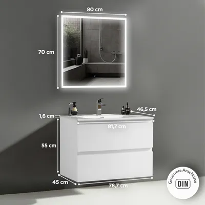Produktbild von Alpenberger Waschtisch mit Unterschrank 80 cm Breit | Badezimmer Möbel 3 Teiliges Set mit Badezimmerspiegel | Waschbecken Gäste WC | Bad Spiegel mit Licht