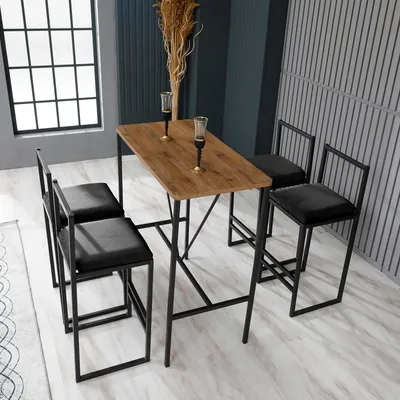 Obrázok produktu pre Hanah Home, Nordic - Black, súprava barového stola a stoličiek (5-dielna), 100 % MELAMÍNOM POTRETÁ DOSKA, orech, 90 x 45 x 92 cm