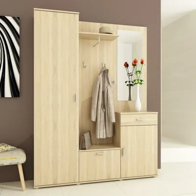 A hallway furniture set with a tall cabinet, coat rack, mirror, and drawers, decorated with flowers.