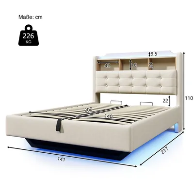 A bed with dimensions and weight information displayed.