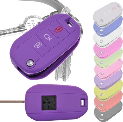 Produktbild von Auto Schlüssel Hülle Silikon Schutz Cover Lila kompatibel mit Peugeot 208 301 308 508 5008 2008 Expert Citroen C3 C4 Spacetourer Traveller 3 Tasten Klappschlüssel