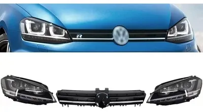 Productafbeelding van Koplampen met 3D LED-technologie en dynamische lichtanimatie, geschikt voor de VW Golf 7 VII (modeljaren 12-17), met een R-Line uitstraling. Inclusief radiatorgrill.