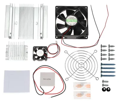 A collection of electronic cooling components laid out on a white background.