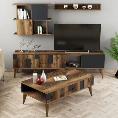 Obrázek produktu pro Skye Decor, Madrid - antracit, sestava nábytku do obývacího pokoje, ořech, 100 % MELAMÍNEM POVLÁKNĚNÉ PANELY, 180 x 33,8 x 48,6 cm