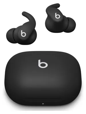 A pair of black wireless earbuds and their charging case are displayed against a white background.