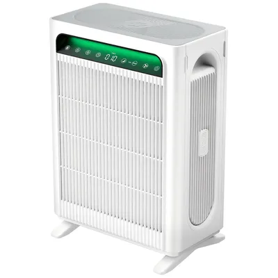 A white air purifier with a green LED display and control panel on a white background.