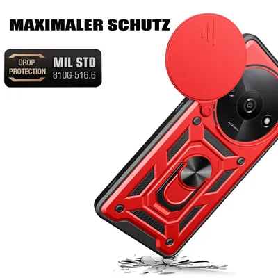 Produktbild von Outdoor Panzer Hülle Xiaomi Redmi A3 Handyhülle mit Kameraschutz Ringhalter Case Rot