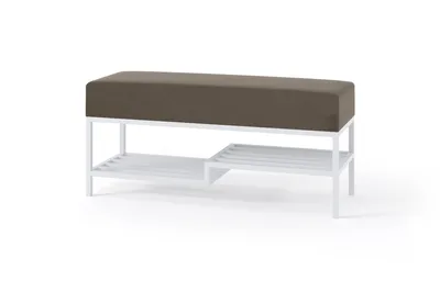 A brown upholstered bench with a white metal frame and two shelves underneath, shown against a white background.