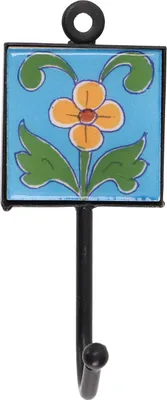 Produktbild von Wandhaken, Garderobenhaken mit Handgefertigter Blue Pottery Fliese (5*5 cm) - Modell 12, Blau, Keramik,Metall, Wandhaken aus Holz, Metall & Keramik