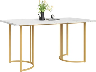 Image de Sweiko Table de salle à manger 140 x 80cm,(1-St), table de cuisine moderne, piétement en métal Table de salle à manger rectangulaire en marbre moderne Table de cuisine avec pieds réglables pour salle à manger salon, blanc/doré