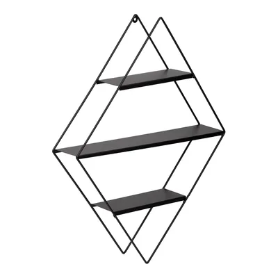 A black diamond-shaped wall shelf with three shelves against a white background.